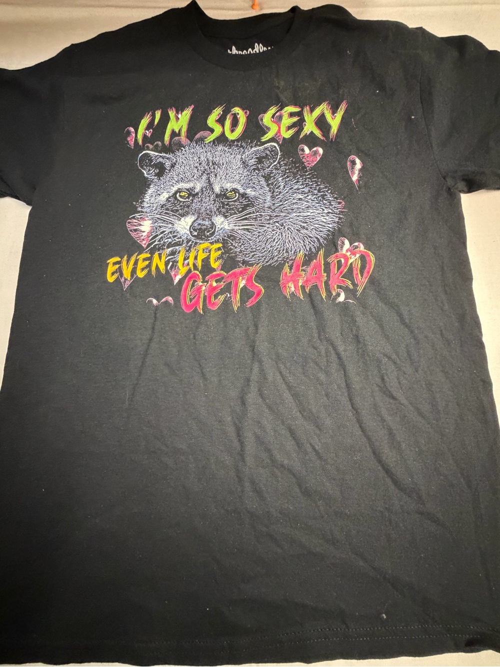 Black Novelty Rsccoon -Themed Graphic Tee with Neon Print